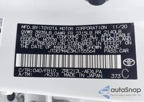 2021 Toyota Corolla Le z USA, uszkodzony, nr VIN JTDEPMAE3MJ155564